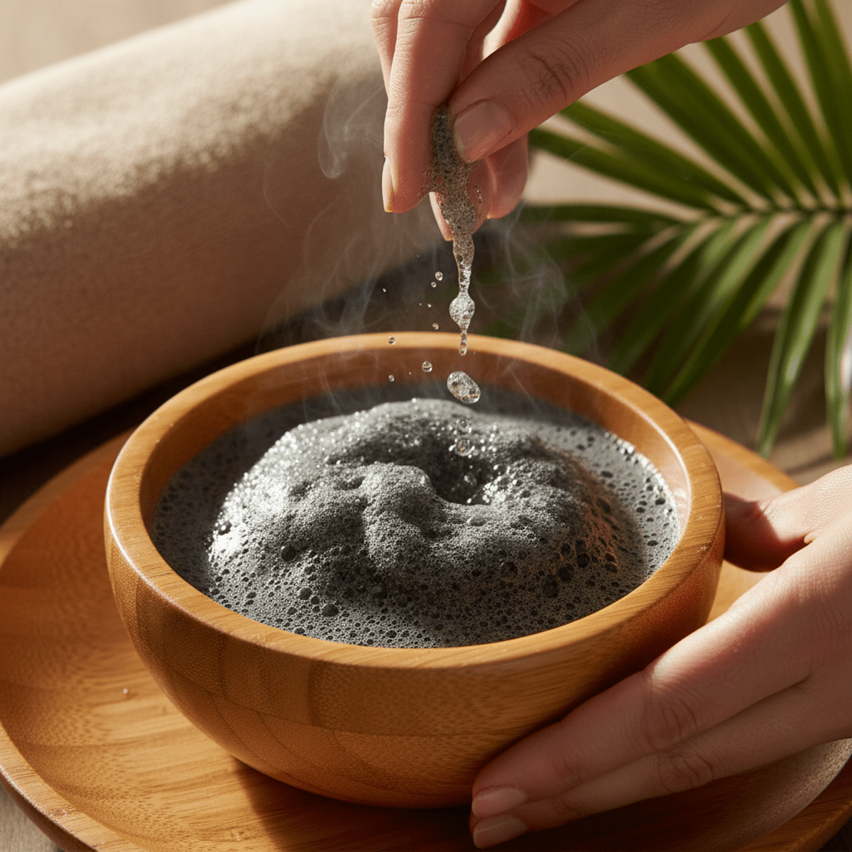 Hands mixing charcoal face wash powder into airy foam in a bamboo container.