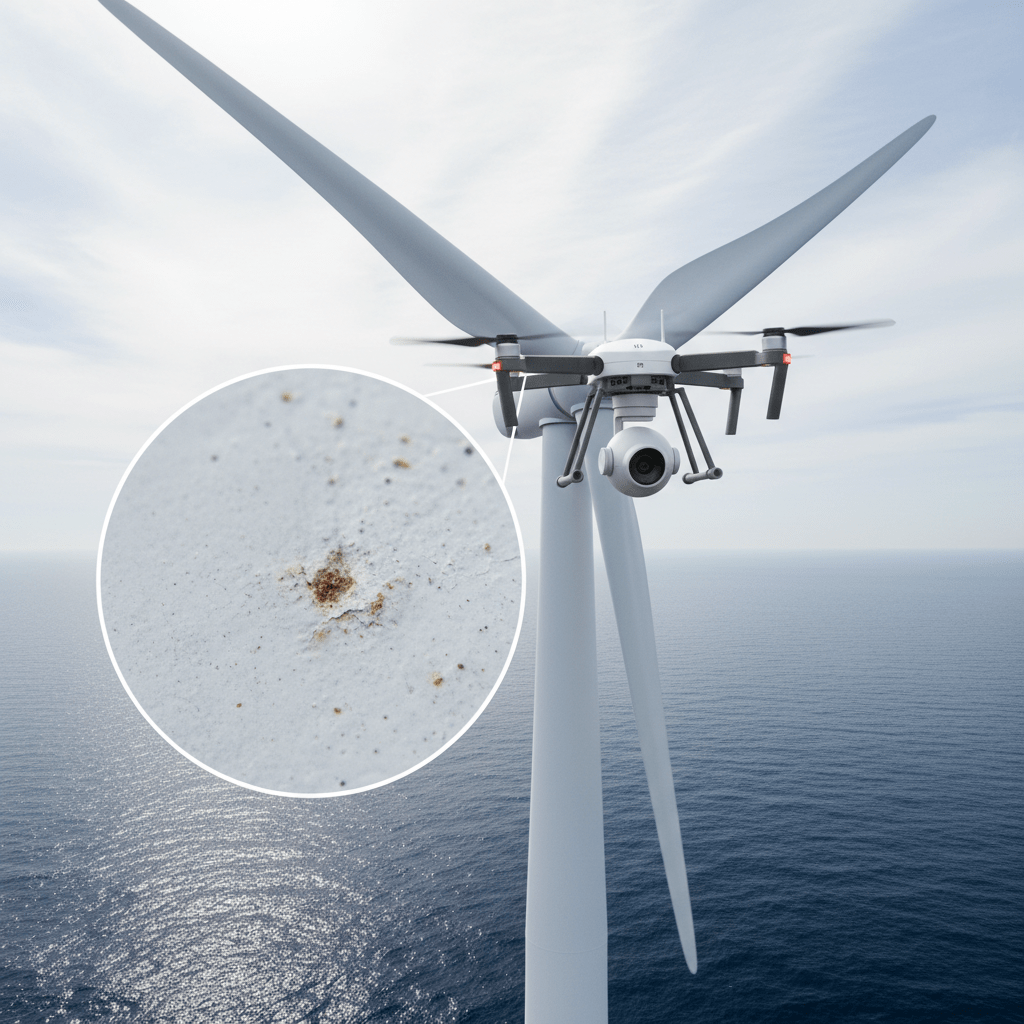 Advanced drone inspects microscopic corrosion on sleek white offshore wind turbine blades.