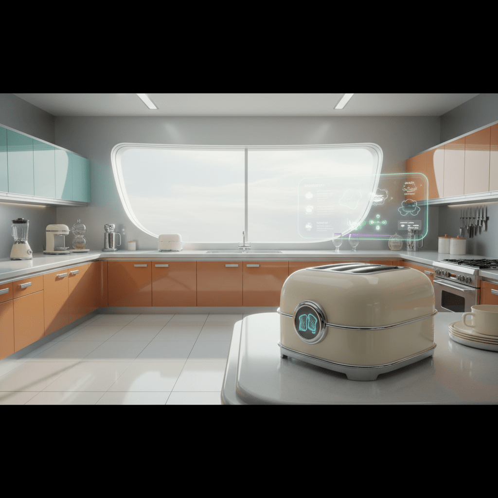1950s space-age inspired sandwich toaster in a bright futuristic kitchen.