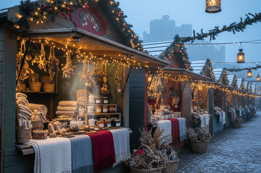 Wide-angle view of a festive winter market in Berkshire, showcasing decorated stalls, fairy lights, and Windsor Castle in the distance under ambient lighting