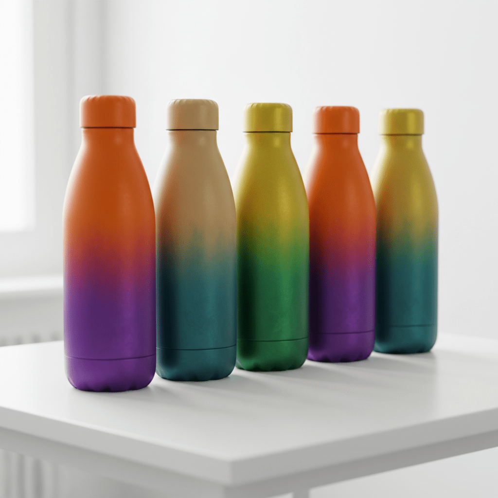 Lineup of gradient steel tea bottles with matte grip on a white studio table.