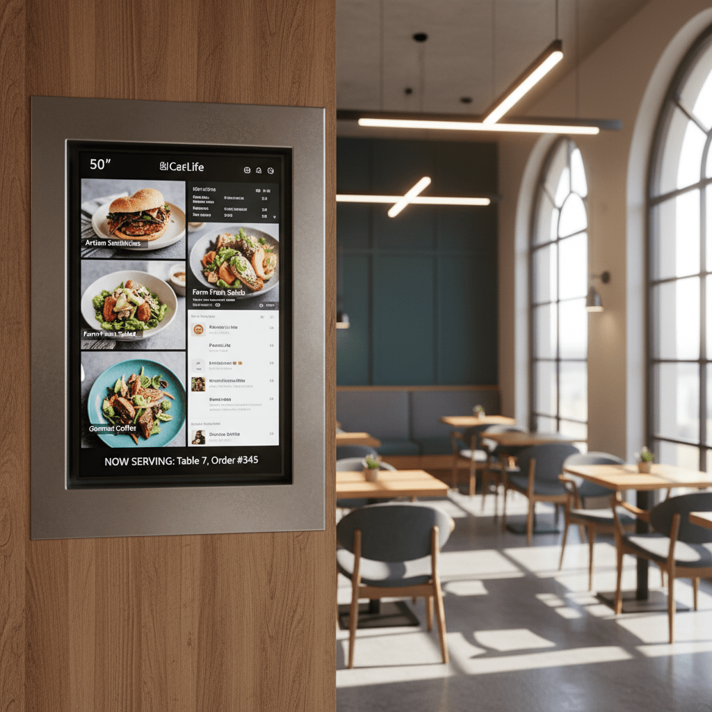 Digital menu signage in a modern cafeteria with stainless steel and wood accents.
