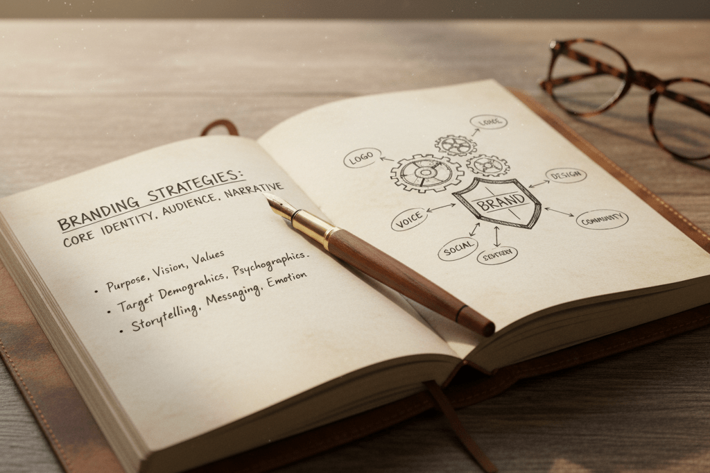 Close-up view of handwritten branding notes and sketches on a wooden desk bathed in natural light