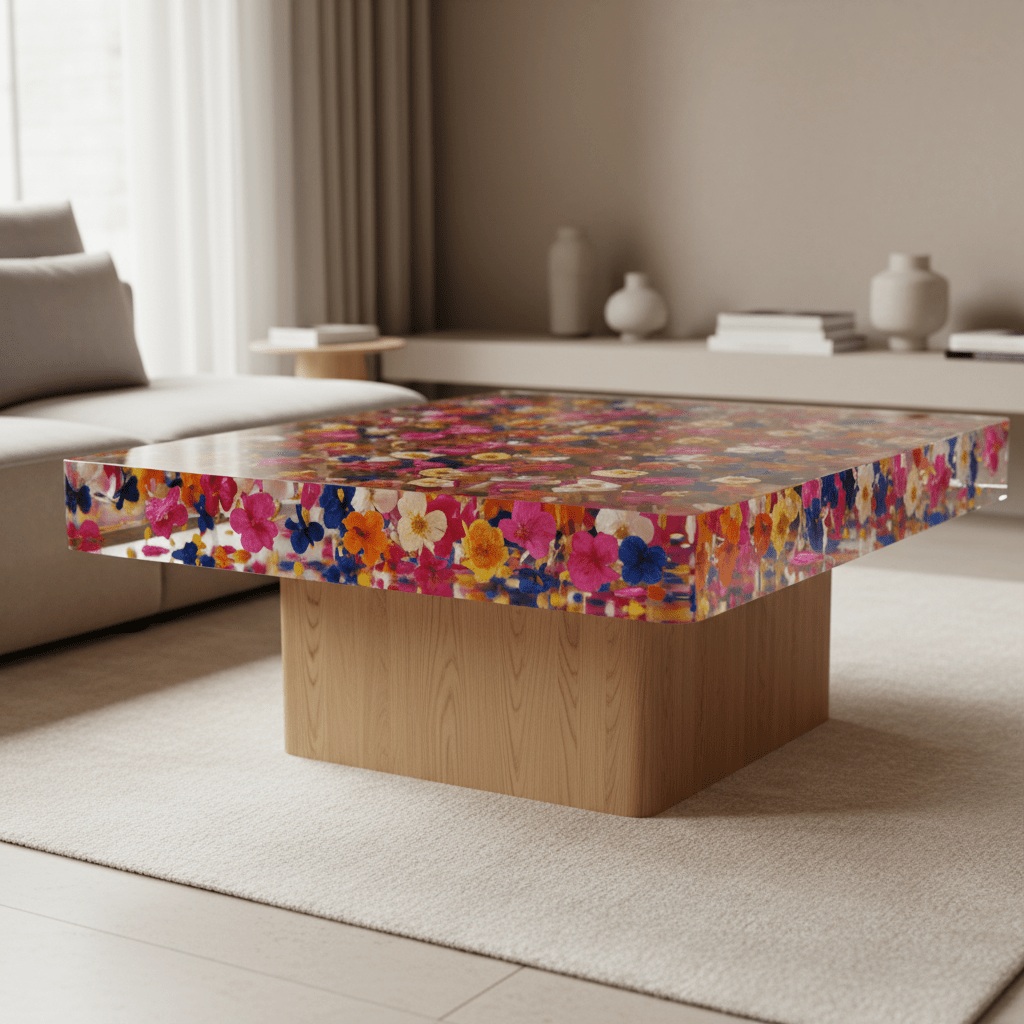 Custom coffee table with preserved flowers suspended in clear resin, smooth polished edges.