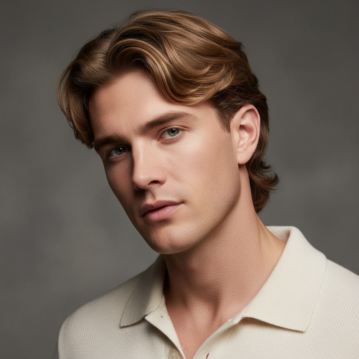 Man with a refined soft mullet and wavy hair, showing smooth transitions and texture.