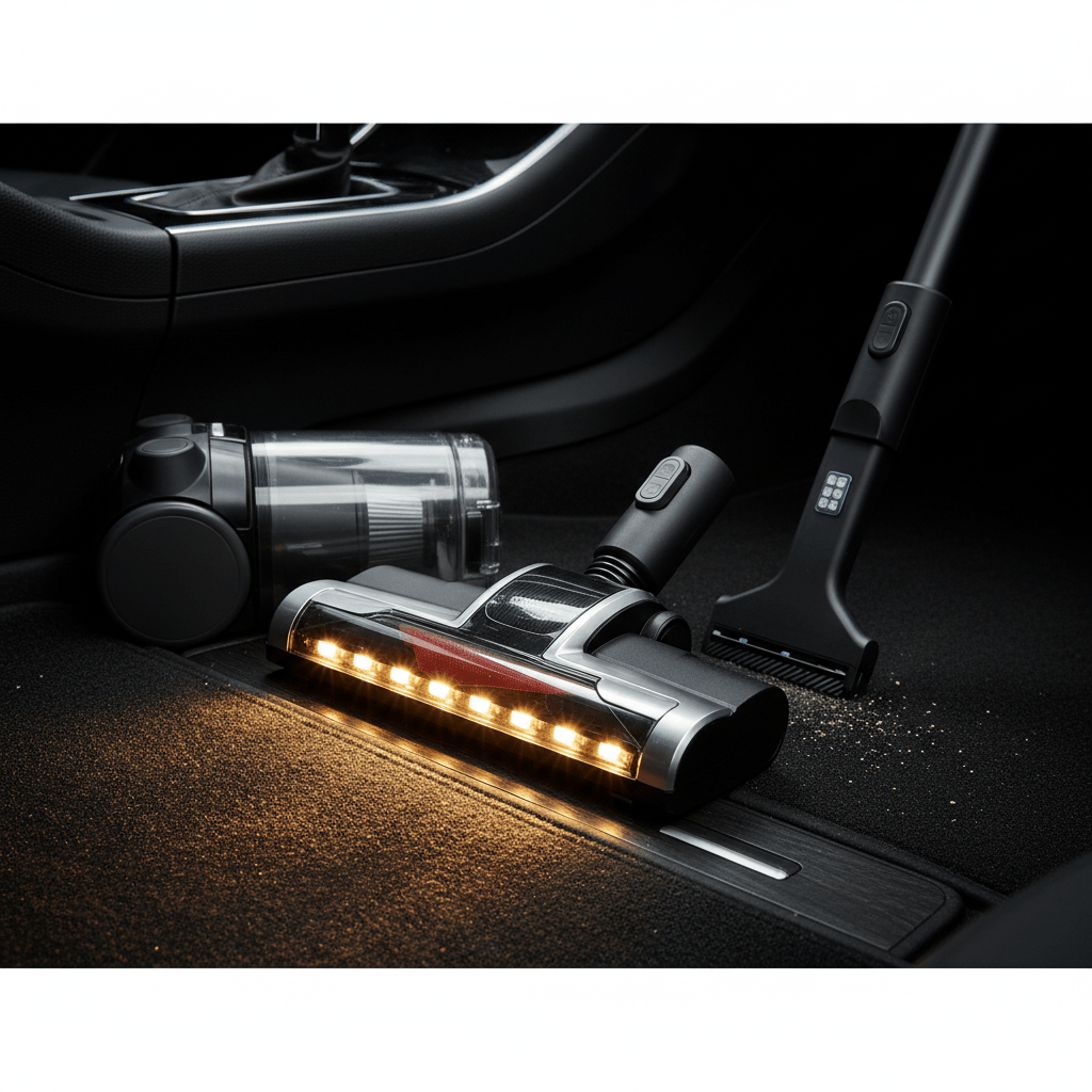 Compact vacuum with LED lights cleans car interior, highlighting hidden debris.