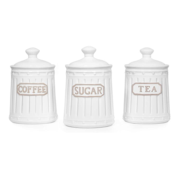 Белая недорогая керамическая банка для сахара с тиснением на заказ