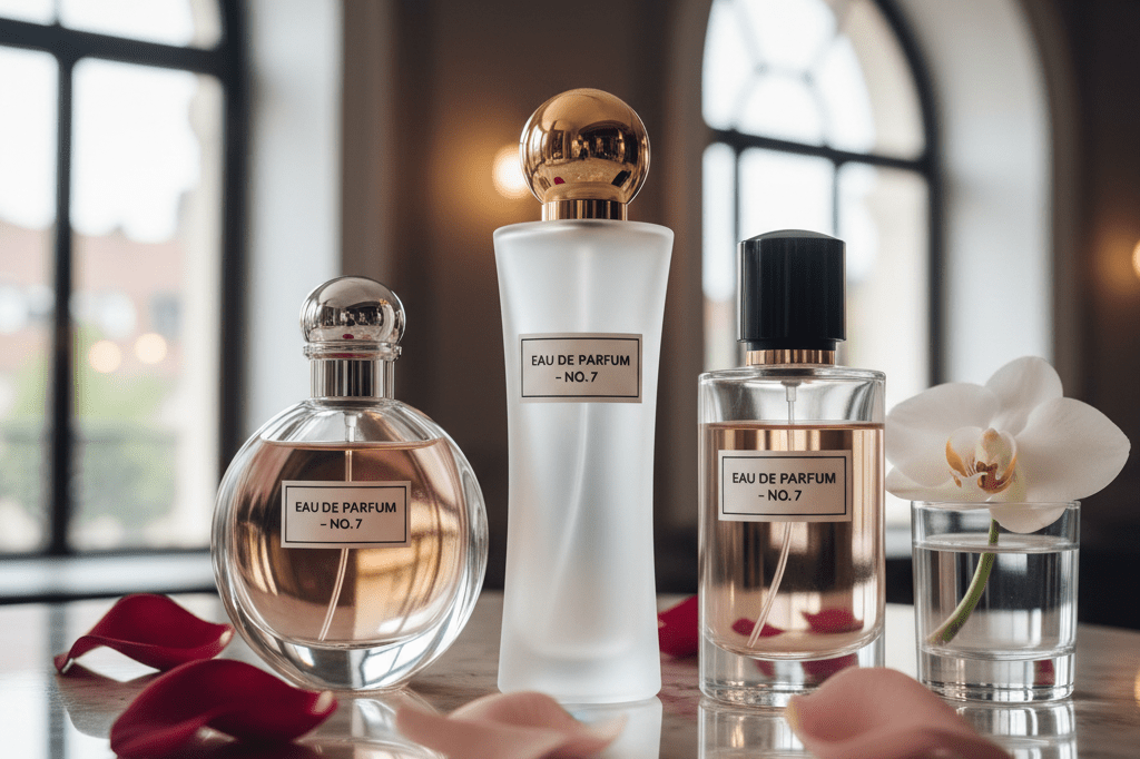 Three high-end perfume bottles displayed with floral accents under ambient lighting, exuding refined beauty