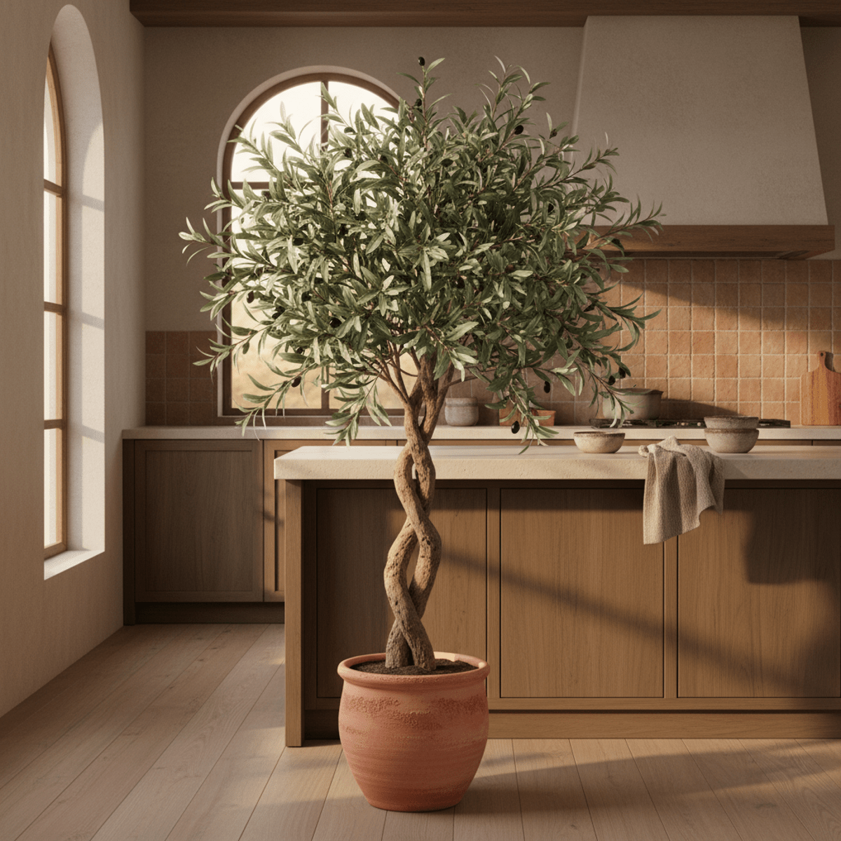 Faux Mediterranean olive tree with realistic leaves and olives in a rustic kitchen.