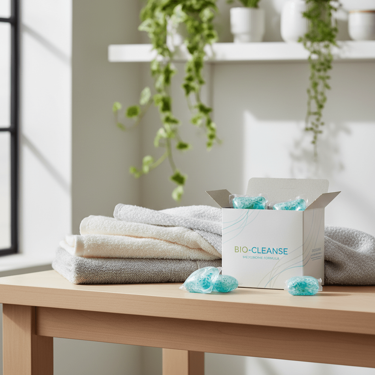 Microbiome laundry pods beside organic cotton towels on a modern laundry table.