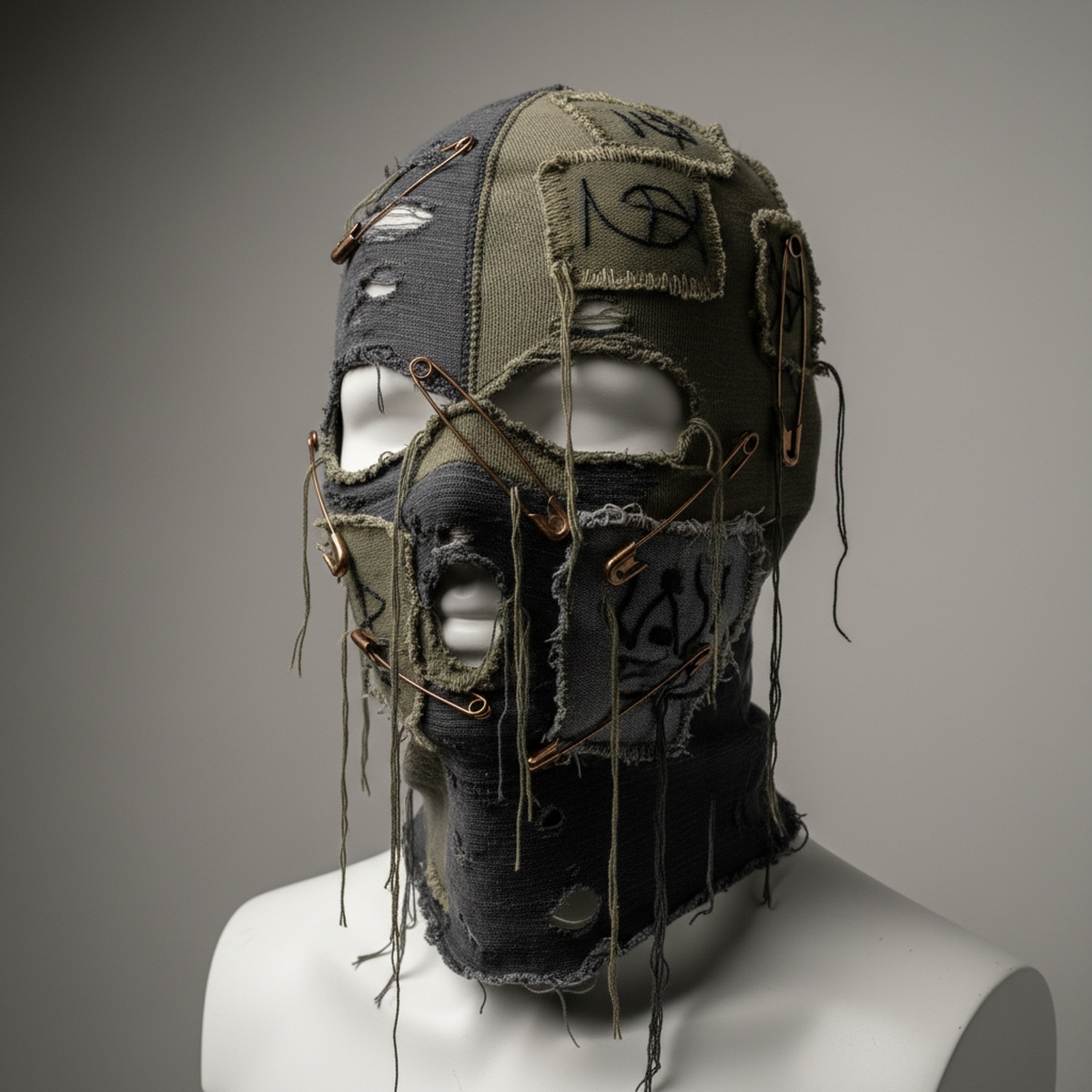 Deconstructed grunge shiesty mask with ripped fabric, frayed edges, and safety pins.