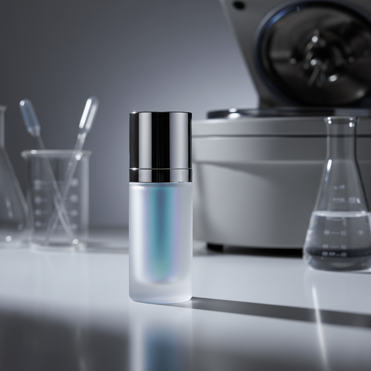 Wrinkle remover serum in a minimal clinical display with precision lab equipment.