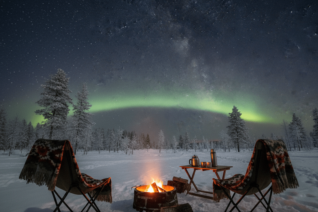 Camping chairs, blankets, and fire pit arranged for winter aurora watching, softly lit by natural light and distant auroral glow