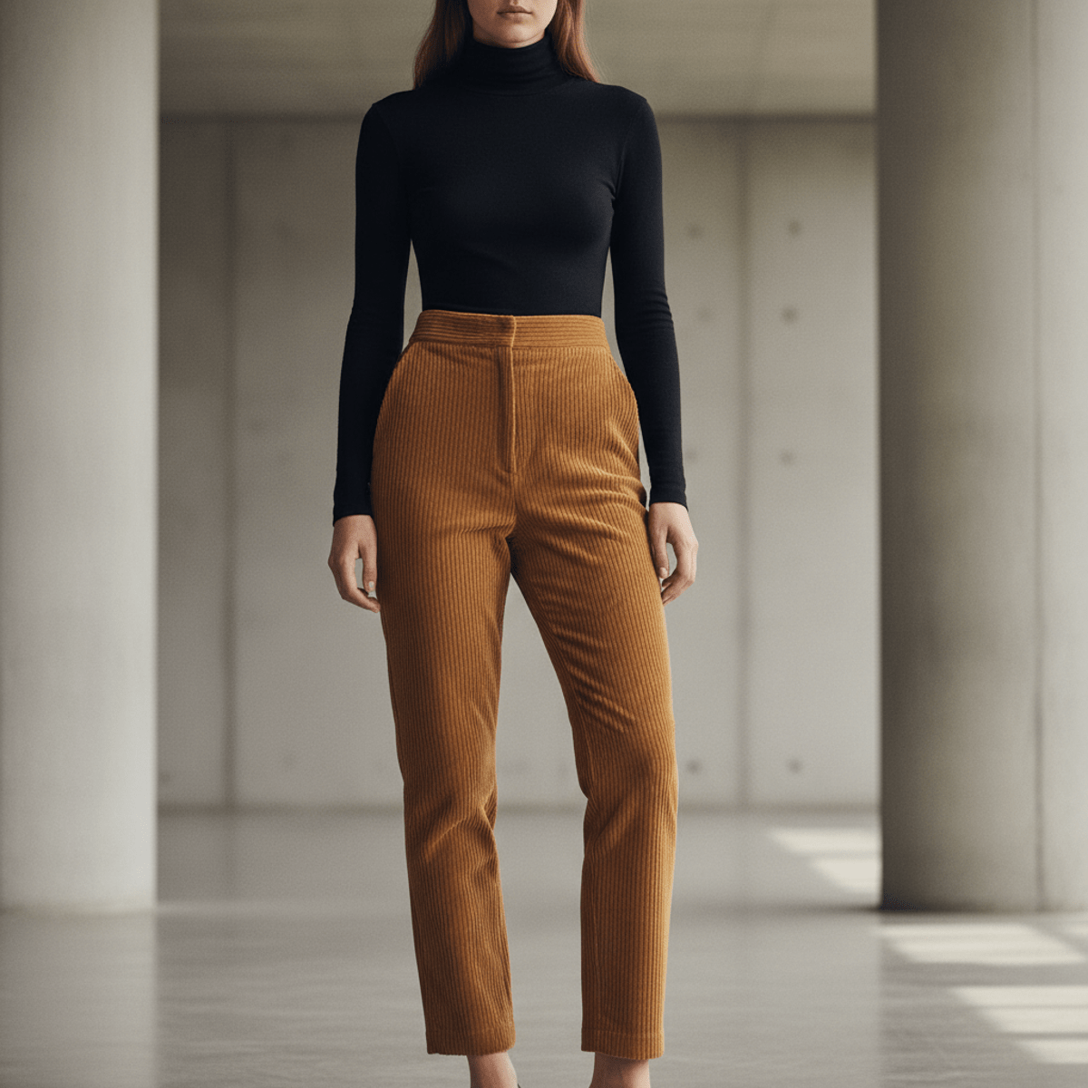 Model in ochre corduroy barrel-leg pants and black turtleneck in architectural space.