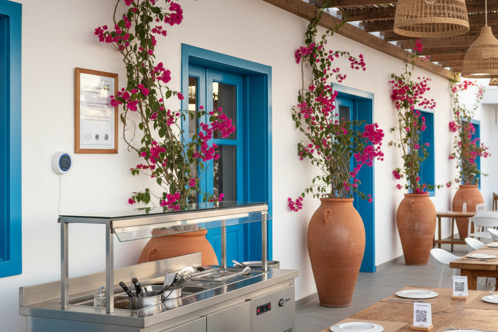 Sunlit restaurant terrace in Cape Verde featuring sanitization station, air quality monitor, and contactless menus as part of health-focused tourism infrastructure