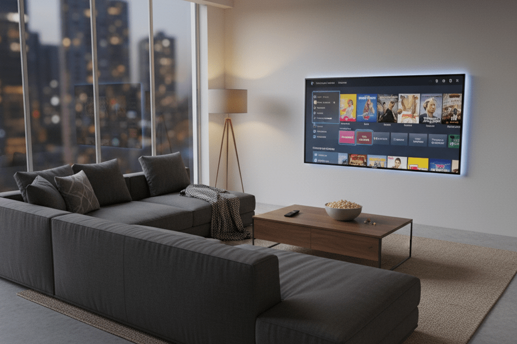 Living room with smart TV and snacks under ambient light, hinting at digital blockbuster movie enjoyment