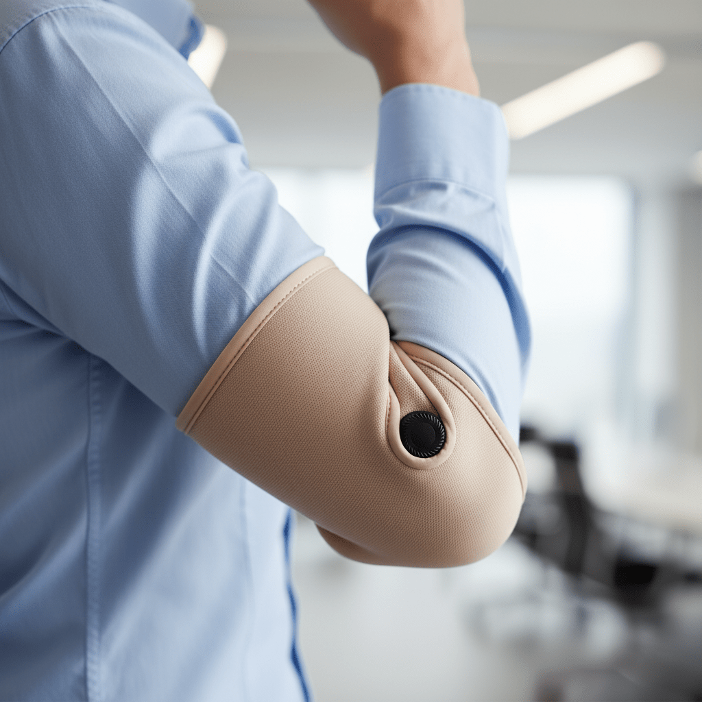 Sleek ultra-thin elbow brace for tendonitis with adjustable dial closure.