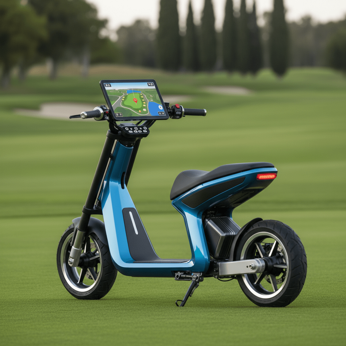 Sleek futuristic electric golf scooter with a large touchscreen on a manicured course.