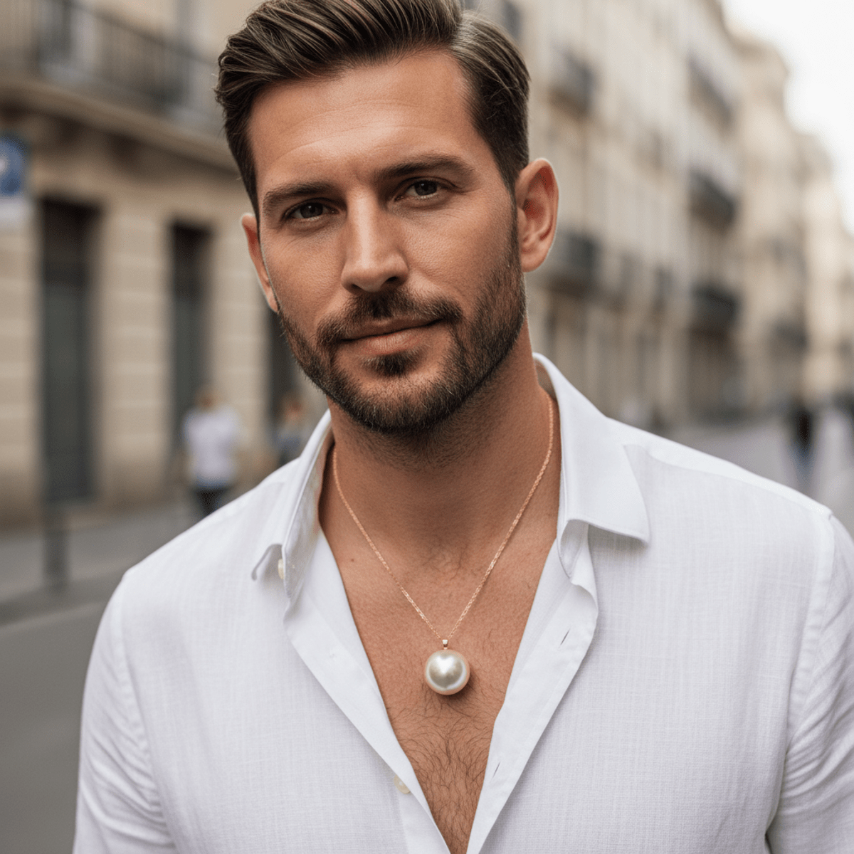 Stylish man wearing a minimalist pearl pendant against a blurred urban background.