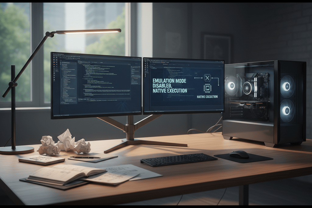 Modern PC workstation with dual monitors and technical documents under natural light, symbolizing advanced software development techniques