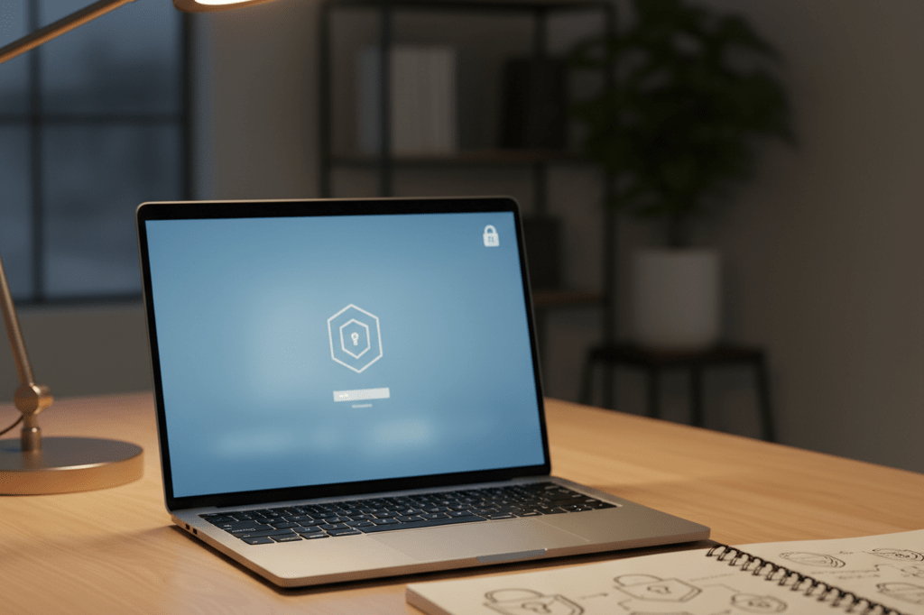 Medium shot of a laptop with abstract security interface and notebook sketching protective layers, lit by desk lamp in professional workspace