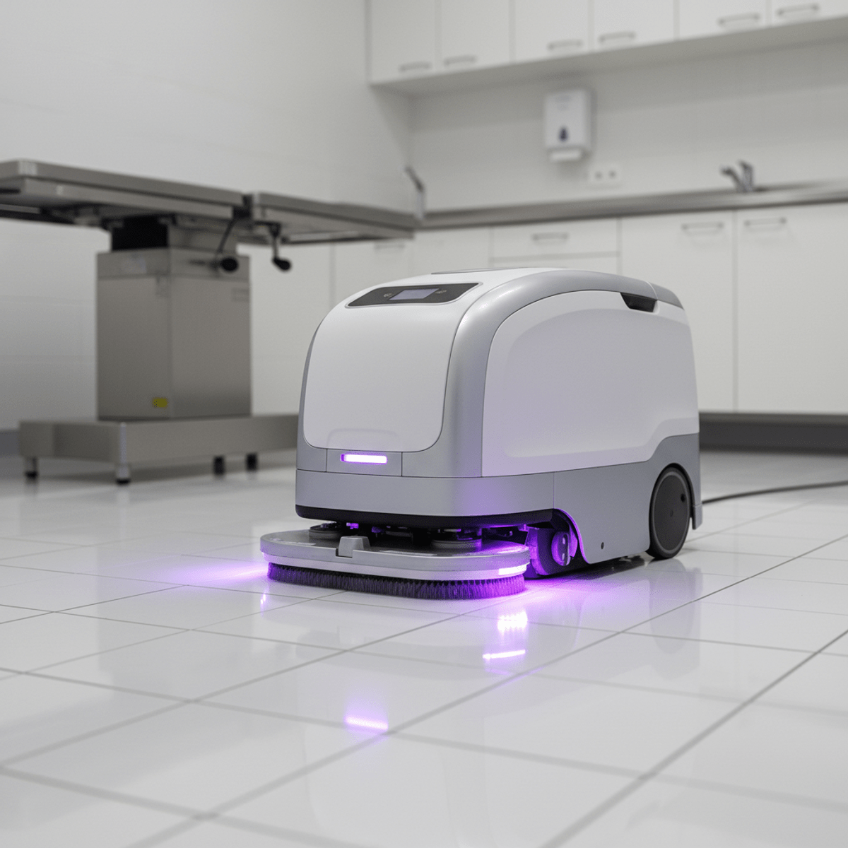 UVC tile and grout cleaner in a sterile medical setting Compact UVC tile cleaner with purple glow on white ceramic tiles in a medical room.