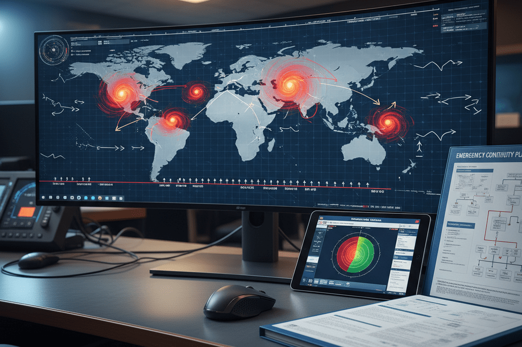 Business continuity planning during severe weather emergency Logistics desk with weather maps and emergency plans under monitor glow, symbolizing supply chain resilience