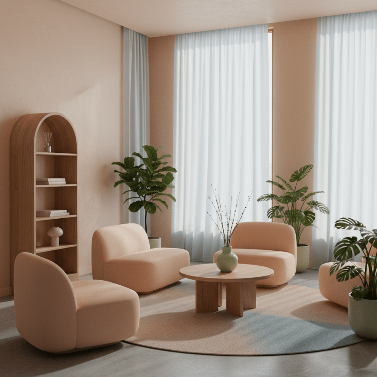 Monochromatic spa room with curved furniture and plants. Serene spa room with monochromatic peach, green, and blue tones, featuring curved furniture.