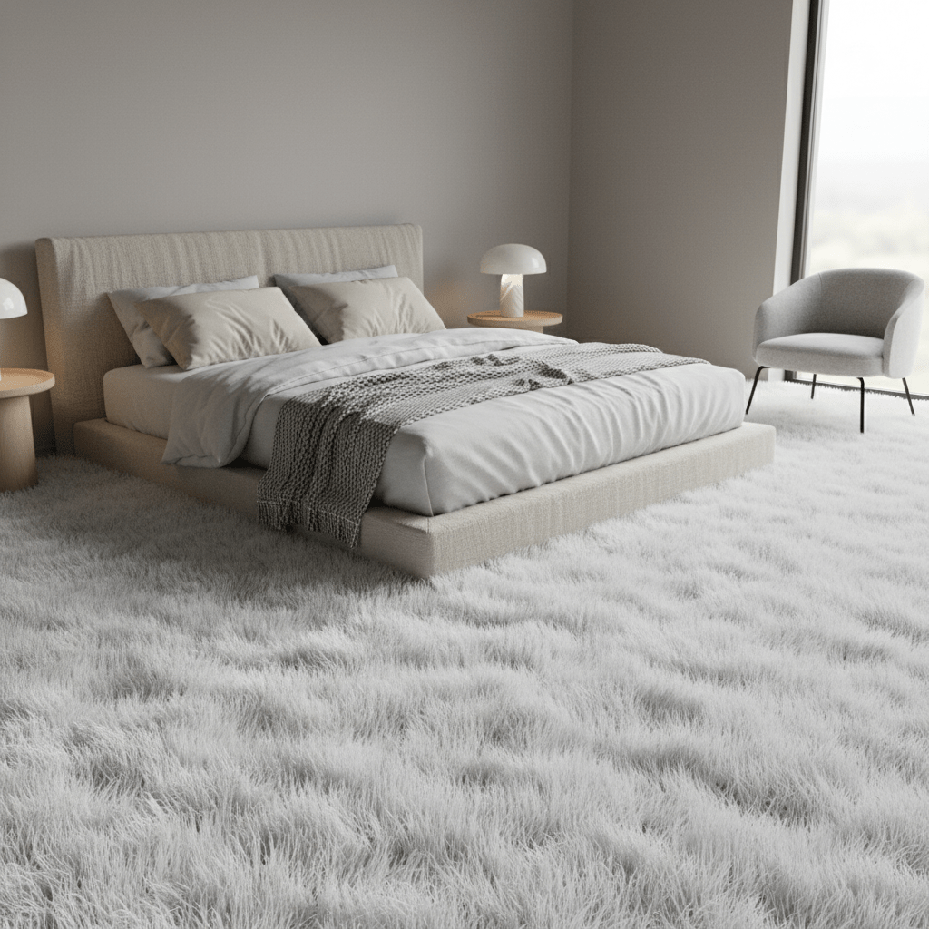 Ultra-plush high-pile shag carpet in brilliant white creating a cloud-like texture.