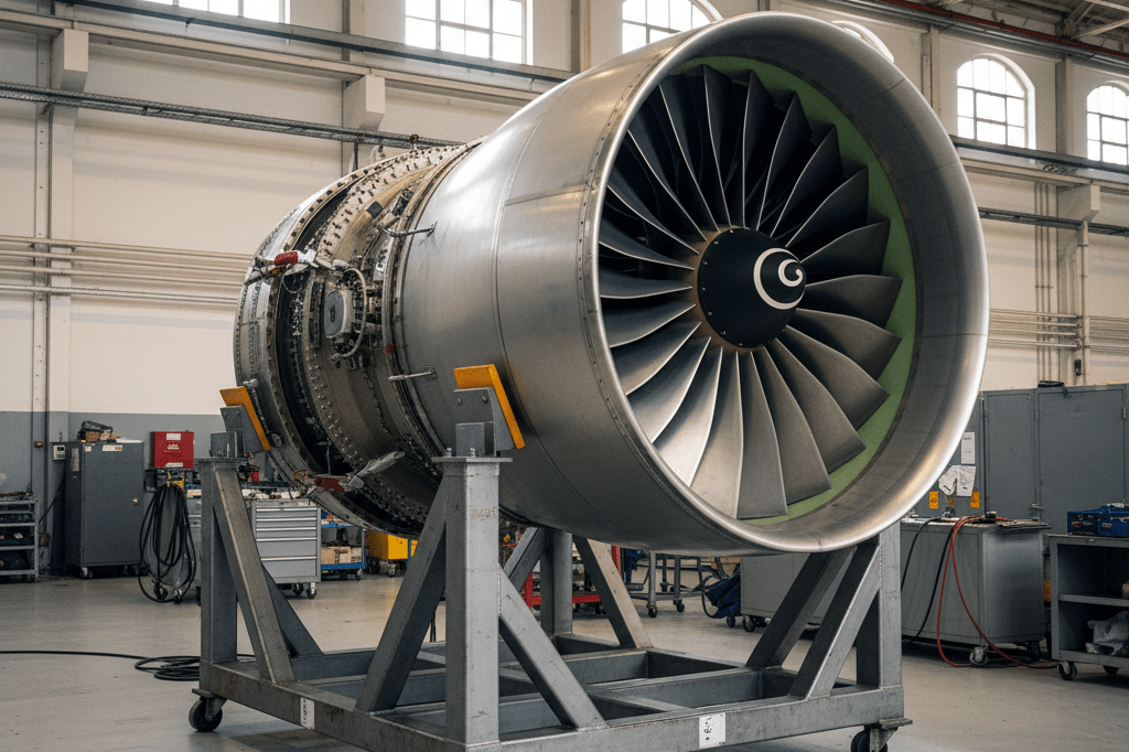 Photorealistic medium shot of a LEAP-style jet engine on a service stand in a well-lit industrial hangar setting