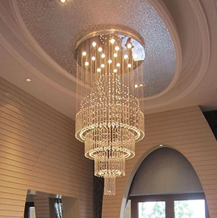 Modern long staircase lighting fixture luxury fiber optic spiral raindrop crystal ceiling chandeliers and lamps