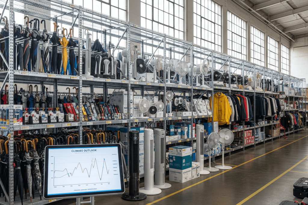 Shelves of seasonal items and a tablet showing climate forecasts in an orderly warehouse under natural light