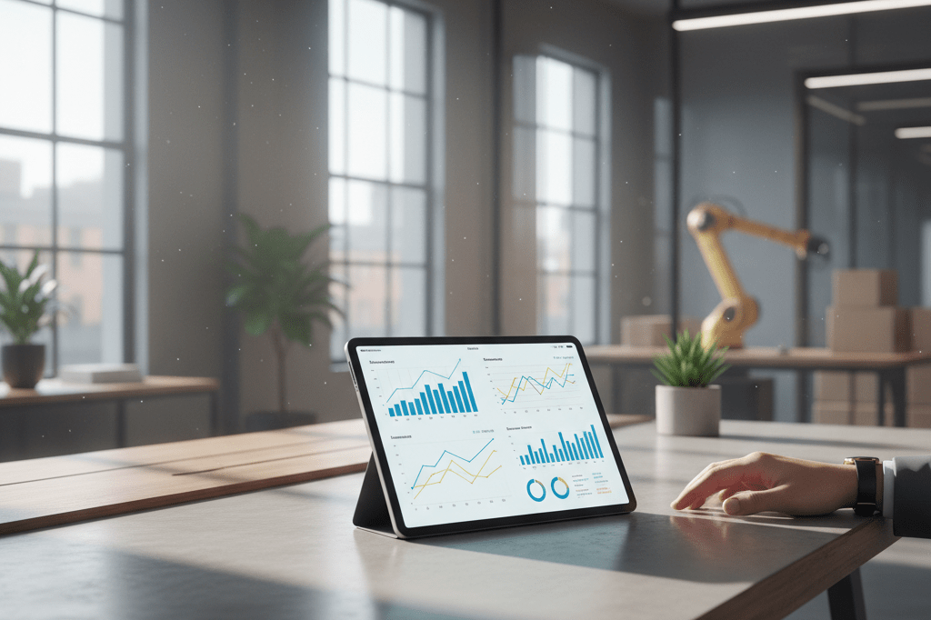 Close-up of tablet displaying abstract inventory data charts on a warehouse desk under natural light