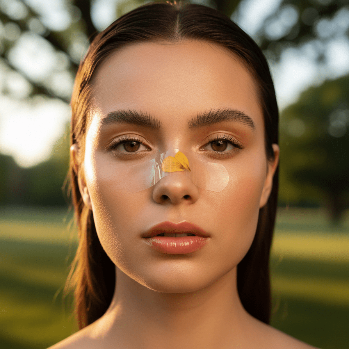 Model with translucent bandaid featuring pressed flower petal in golden hour light.
