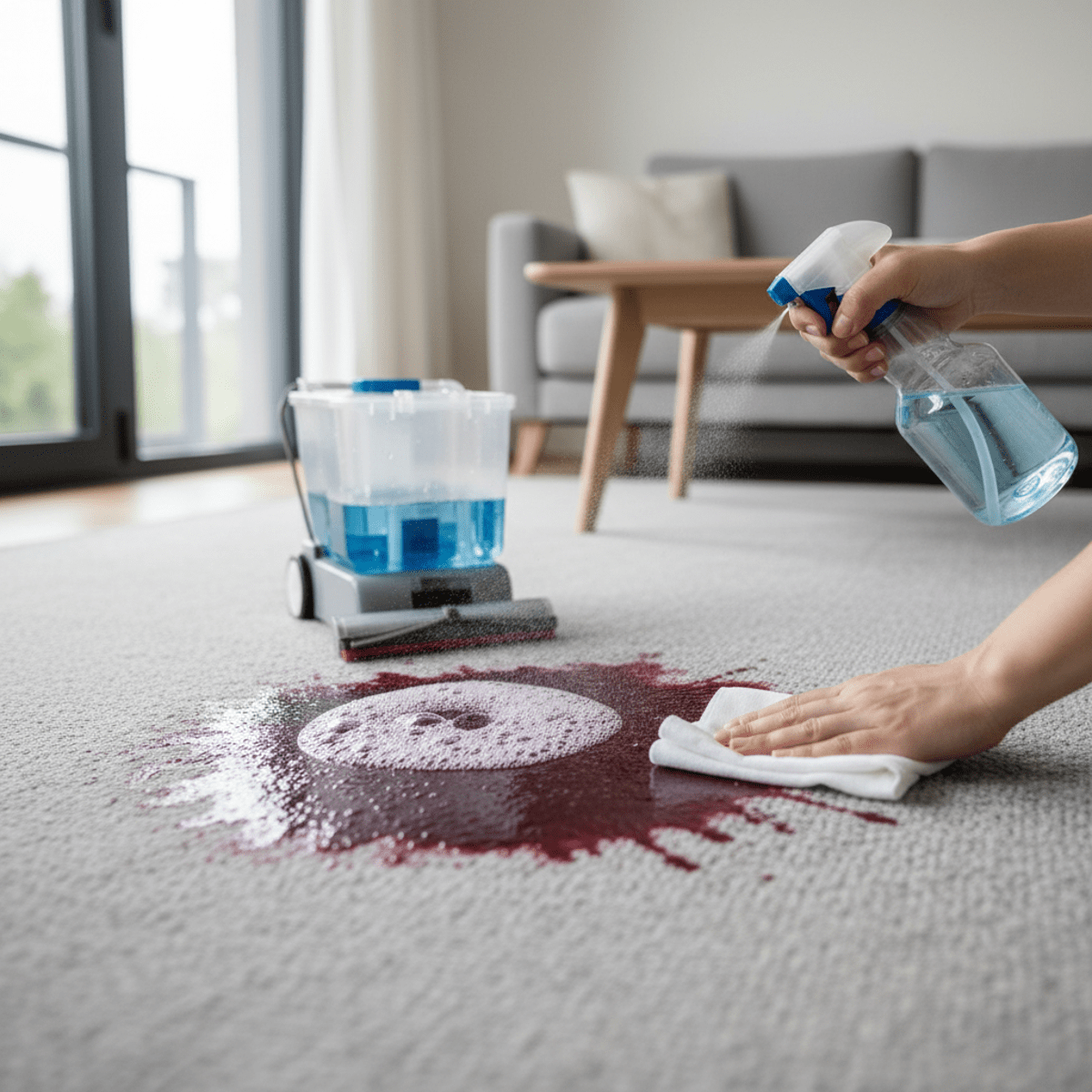 Modern living room carpet stain being cleaned with peroxide spray.