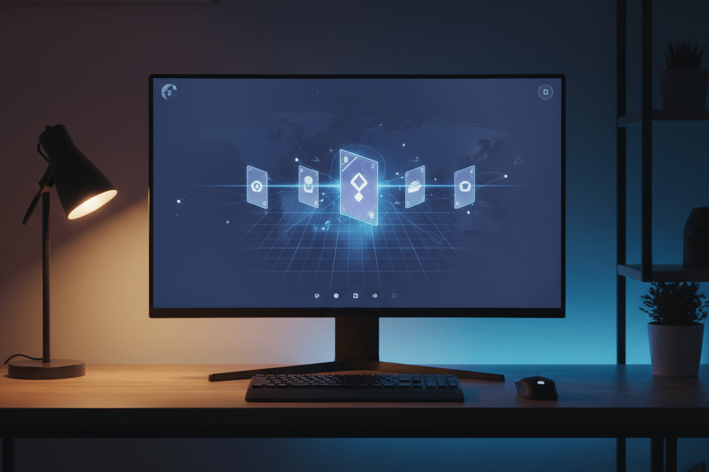 Gaming monitor showing abstract strategy game under ambient light symbolizing instant worldwide digital release