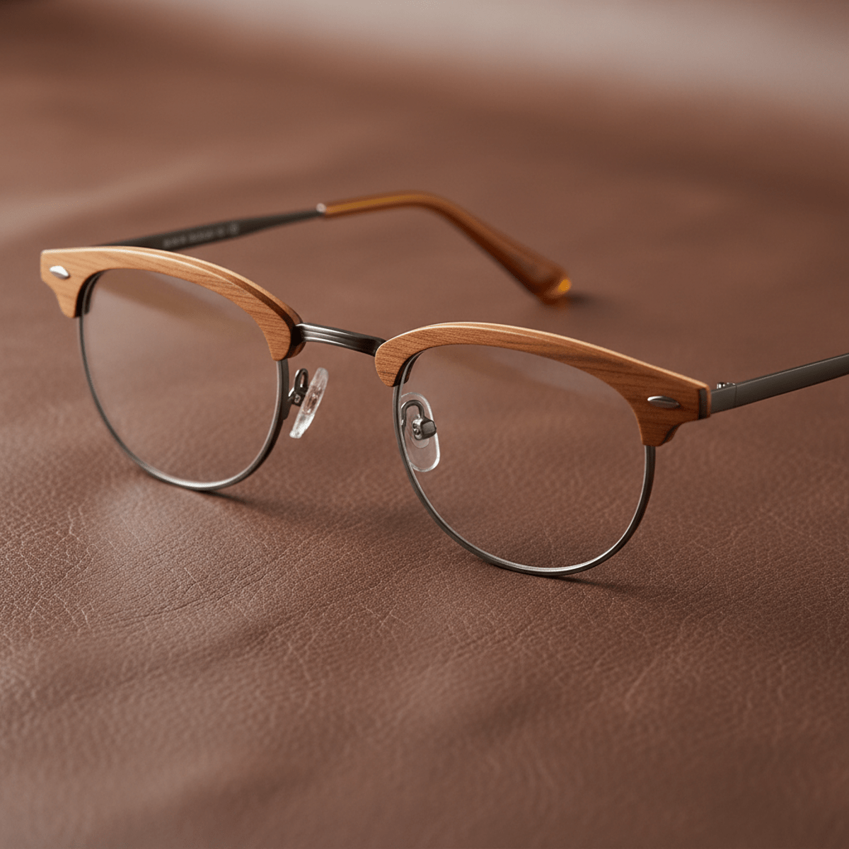 Mixed-material Clubmaster glasses featuring polished wood browline and brushed metal rims on leather.