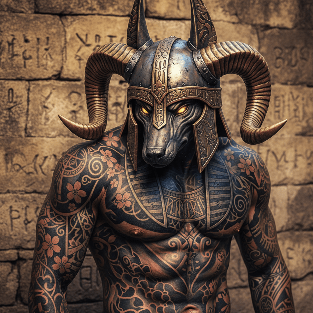 Anubis tattoo with jackal head and horned helmet Anubis tattoo with jackal head, Norse helmet, and mythological motifs on stone wall.