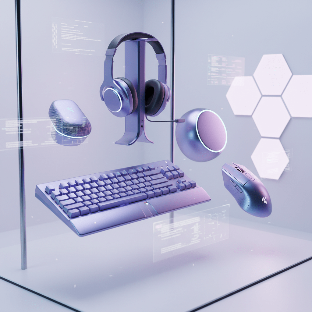 Cyber-nostalgia futuristic studio with glowing tech. Futuristic studio with iridescent gaming and smart home tech in cyber-nostalgia colors.