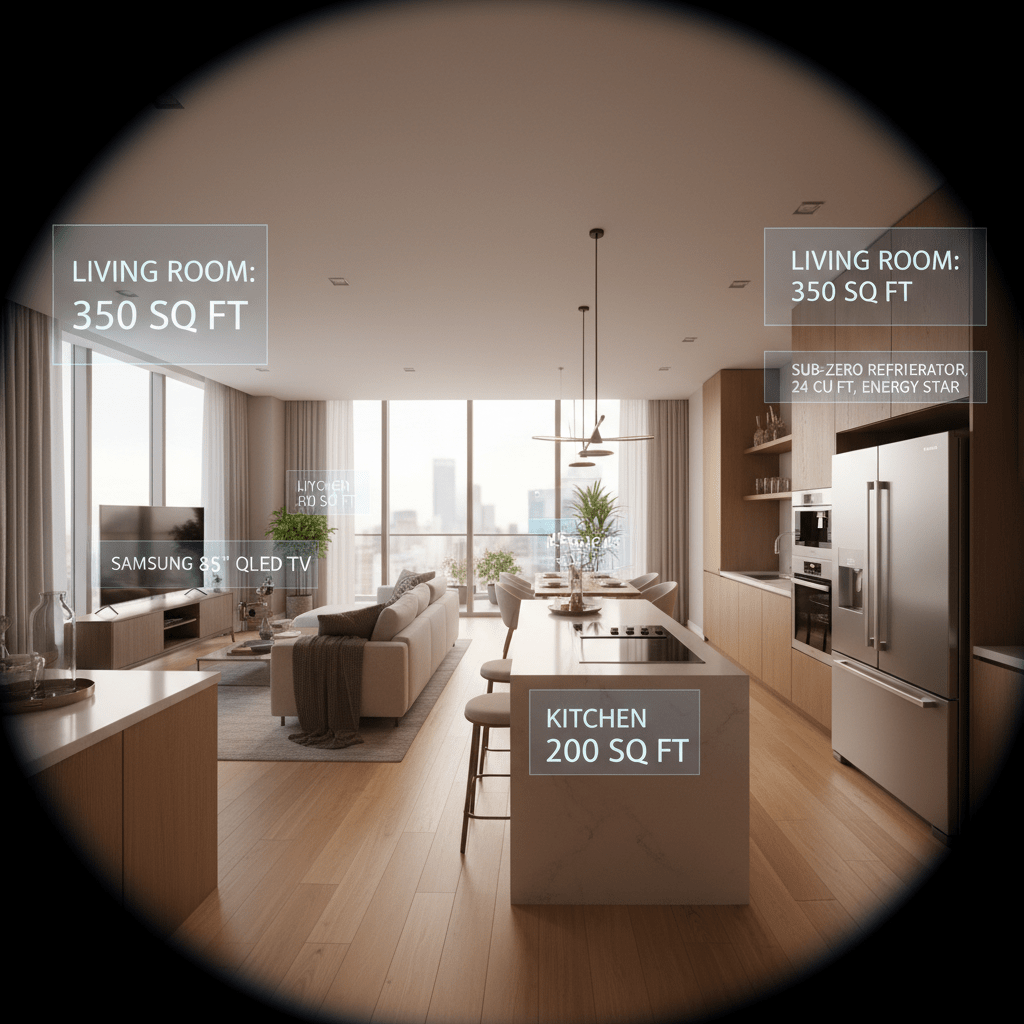 Immersive panoramic view of a modern luxury apartment with AR overlays.