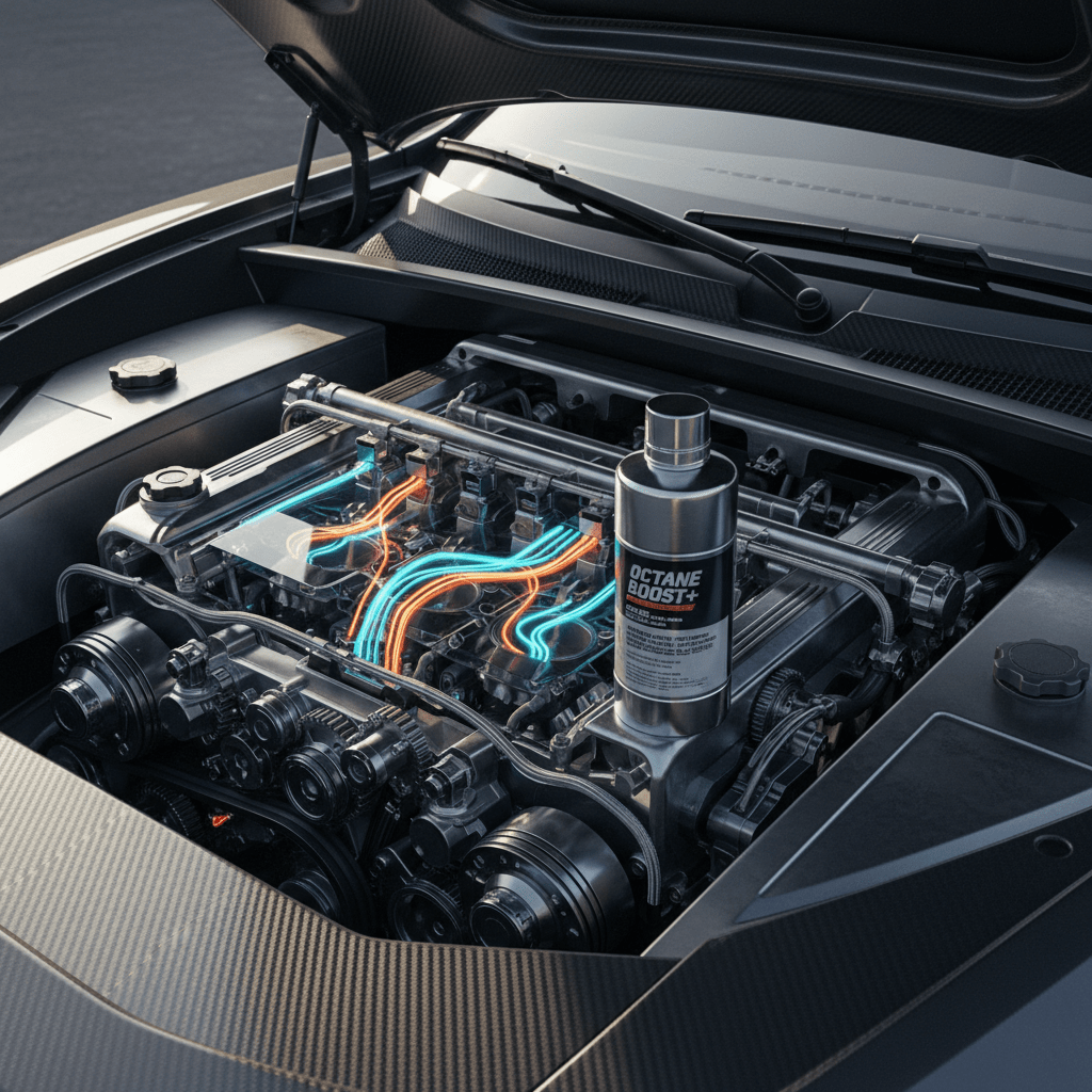 Modern sports car engine bay with octane booster and glowing chemical action.