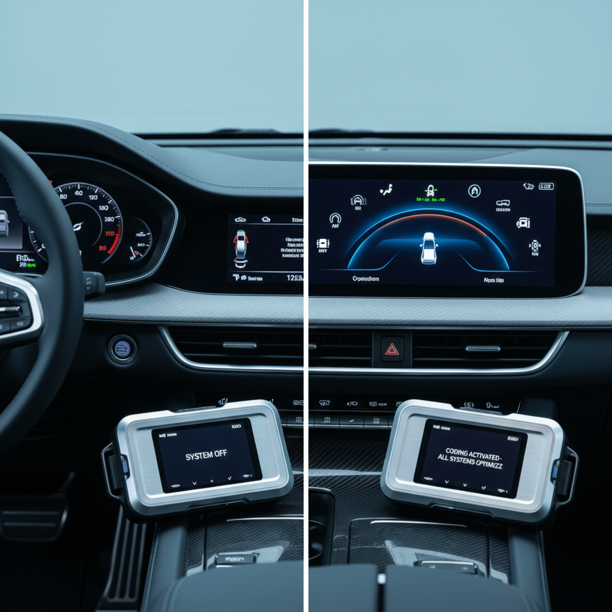 Advanced OBD scanner on futuristic car dashboard with digital display.