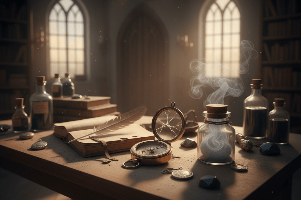 Suspenseful retail display evoking supernatural school finale tension Retail table with mysterious props like compass and mist jar under natural light, suggesting story-driven merchandising