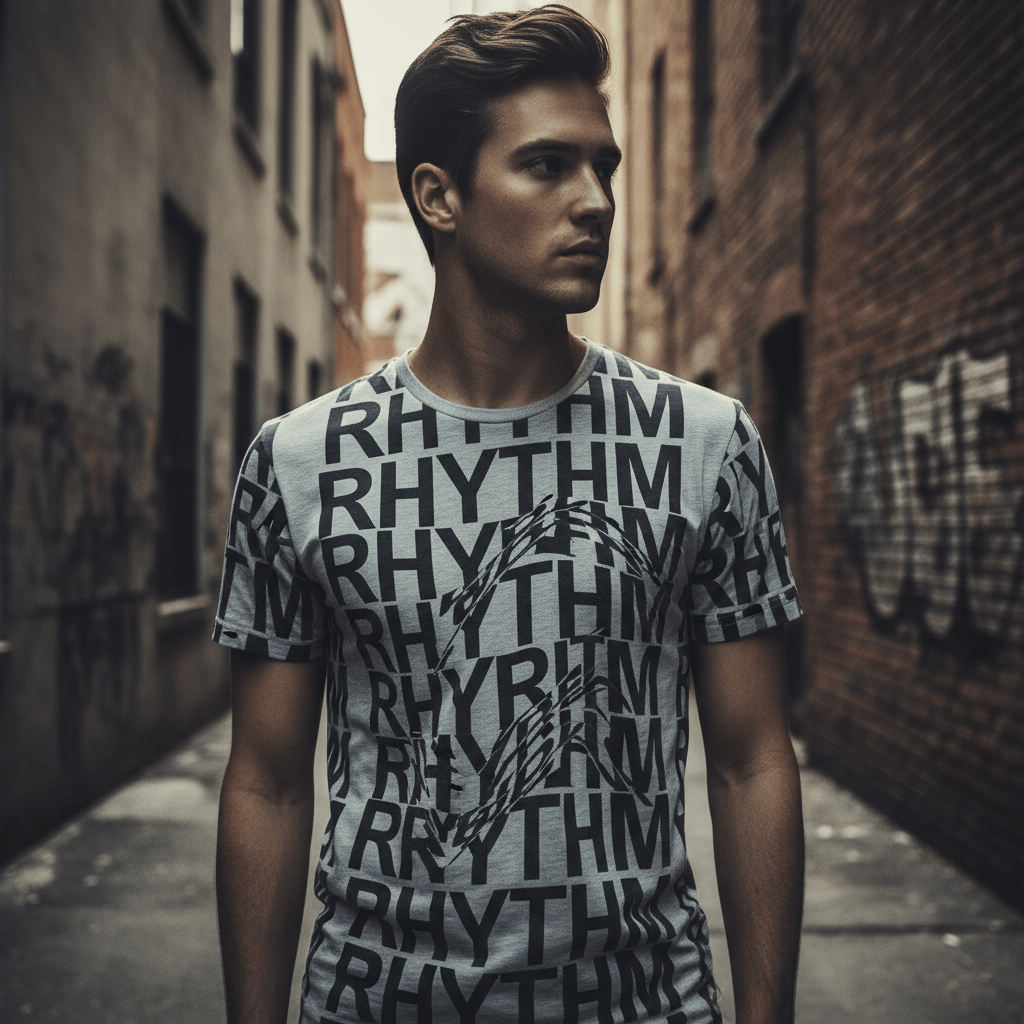 Model in urban alley wearing bold typographic t-shirt with dynamic letterforms.