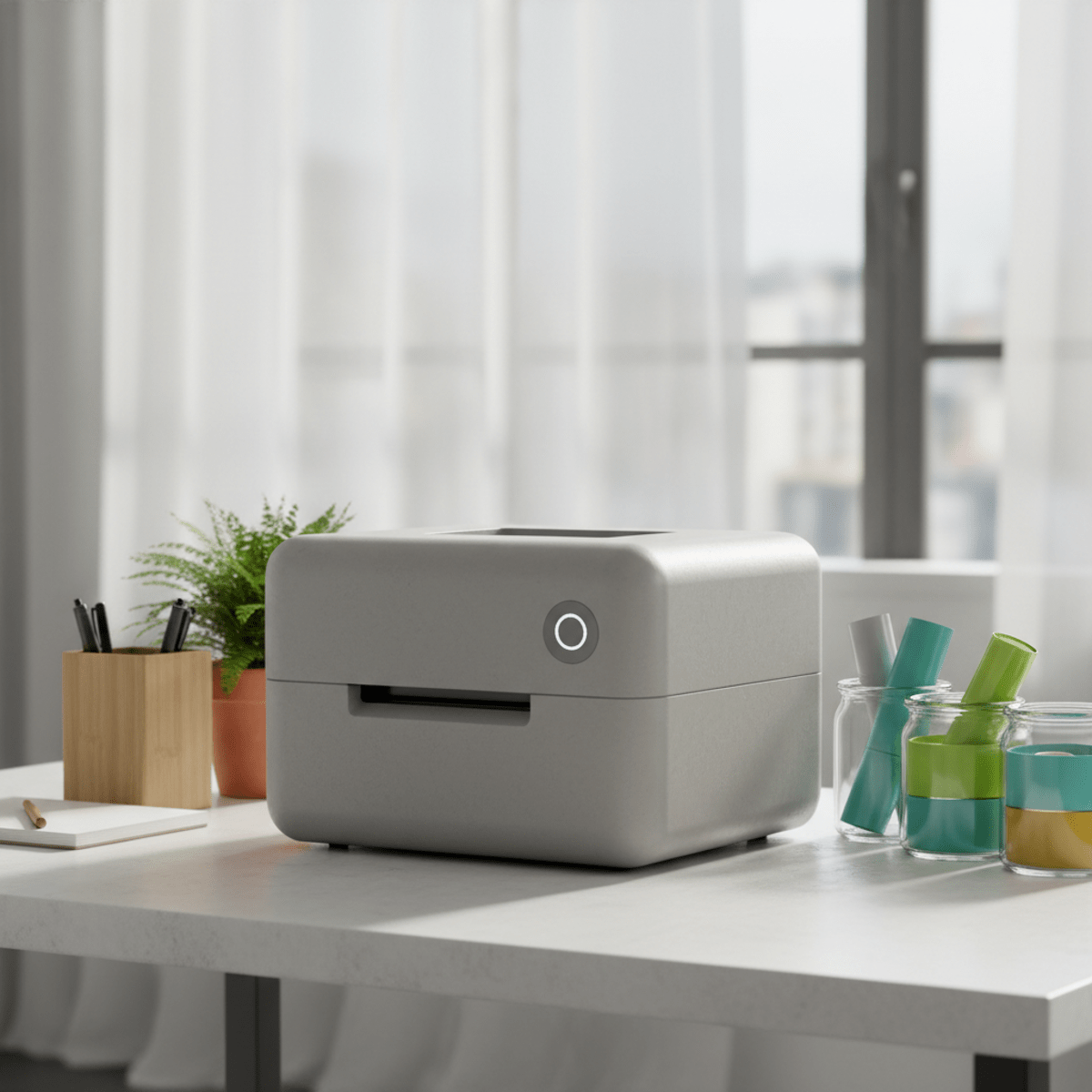 Sleek modern printer on a textured recycled plastic surface in an eco-friendly workspace.