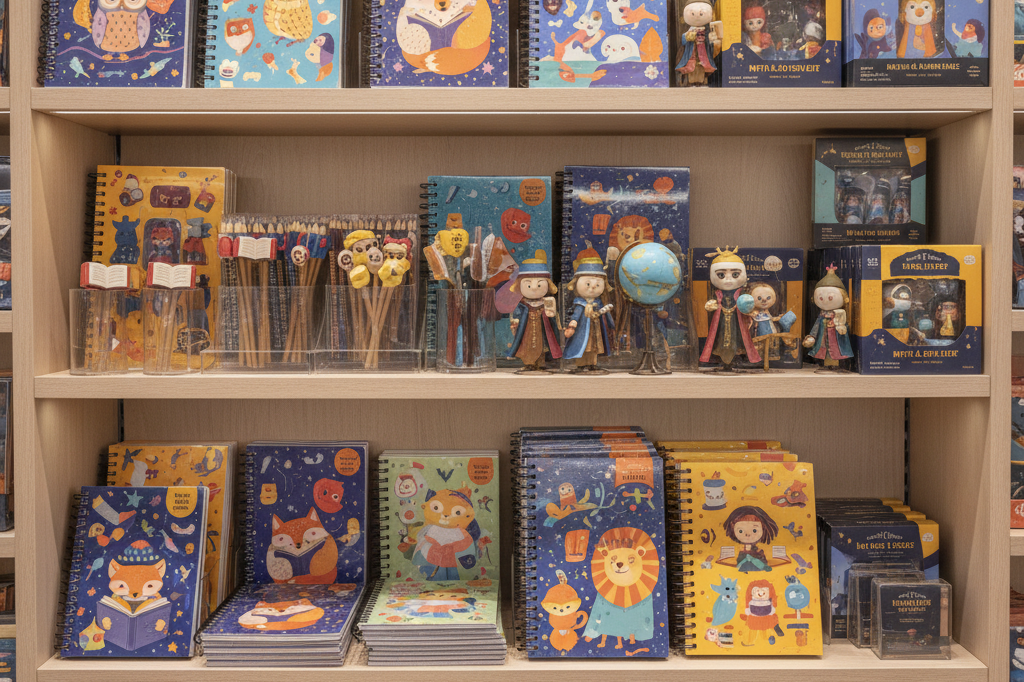 Colorful non-branded literary merchandise including notebooks and toys displayed on a shelf under warm store lighting