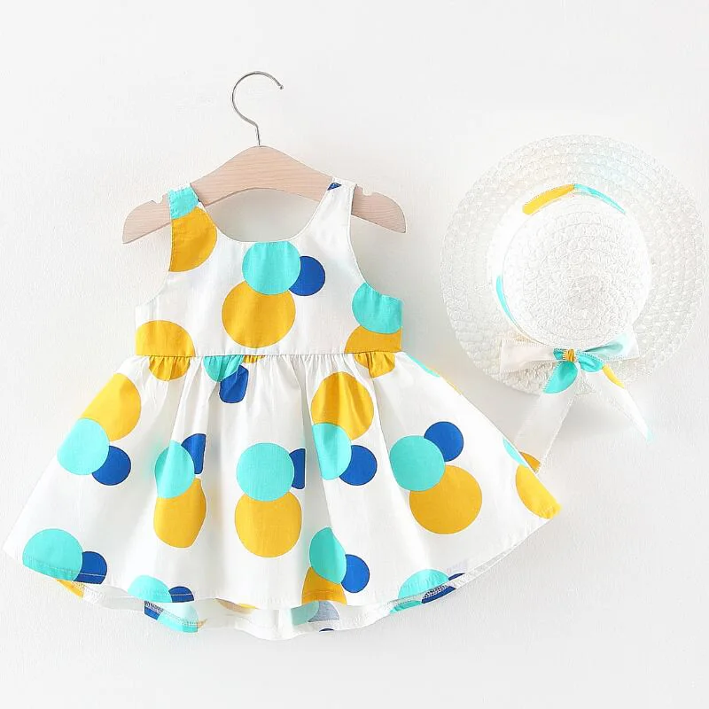 Новый дизайн; Одежда для младенцев; Летнее хлопковое платье без рукавов в горошек для девочек; Коллекция 2021 года; Платье для новорожденных с шапочкой