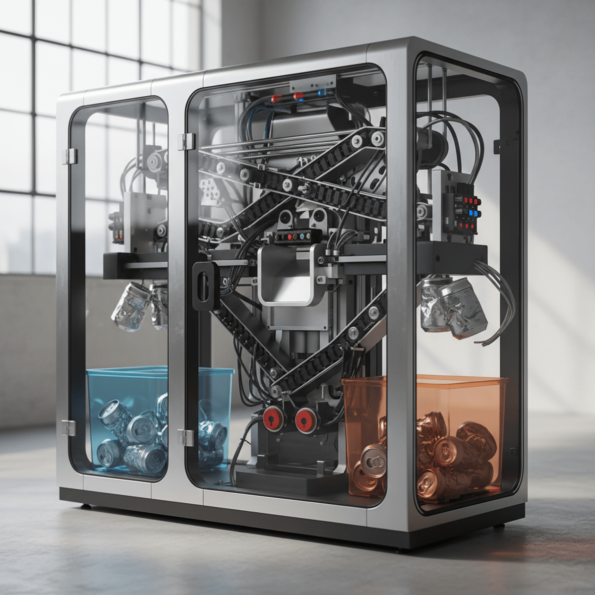 Futuristic electric can crusher with transparent casing showing internal sorting mechanisms.