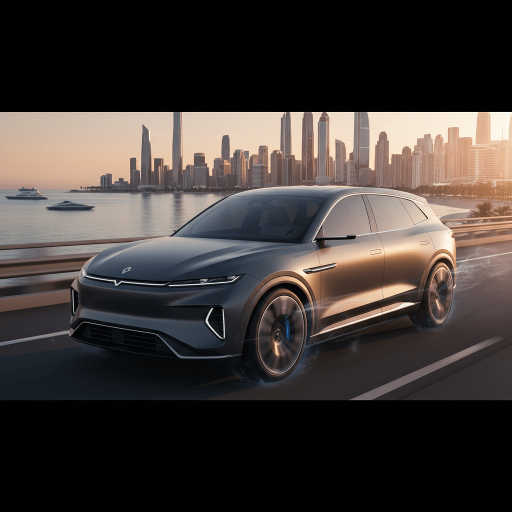 Aerodynamic hybrid SUV in motion on scenic coastal highway Matte graphite hybrid SUV with flowing contours on a coastal highway.