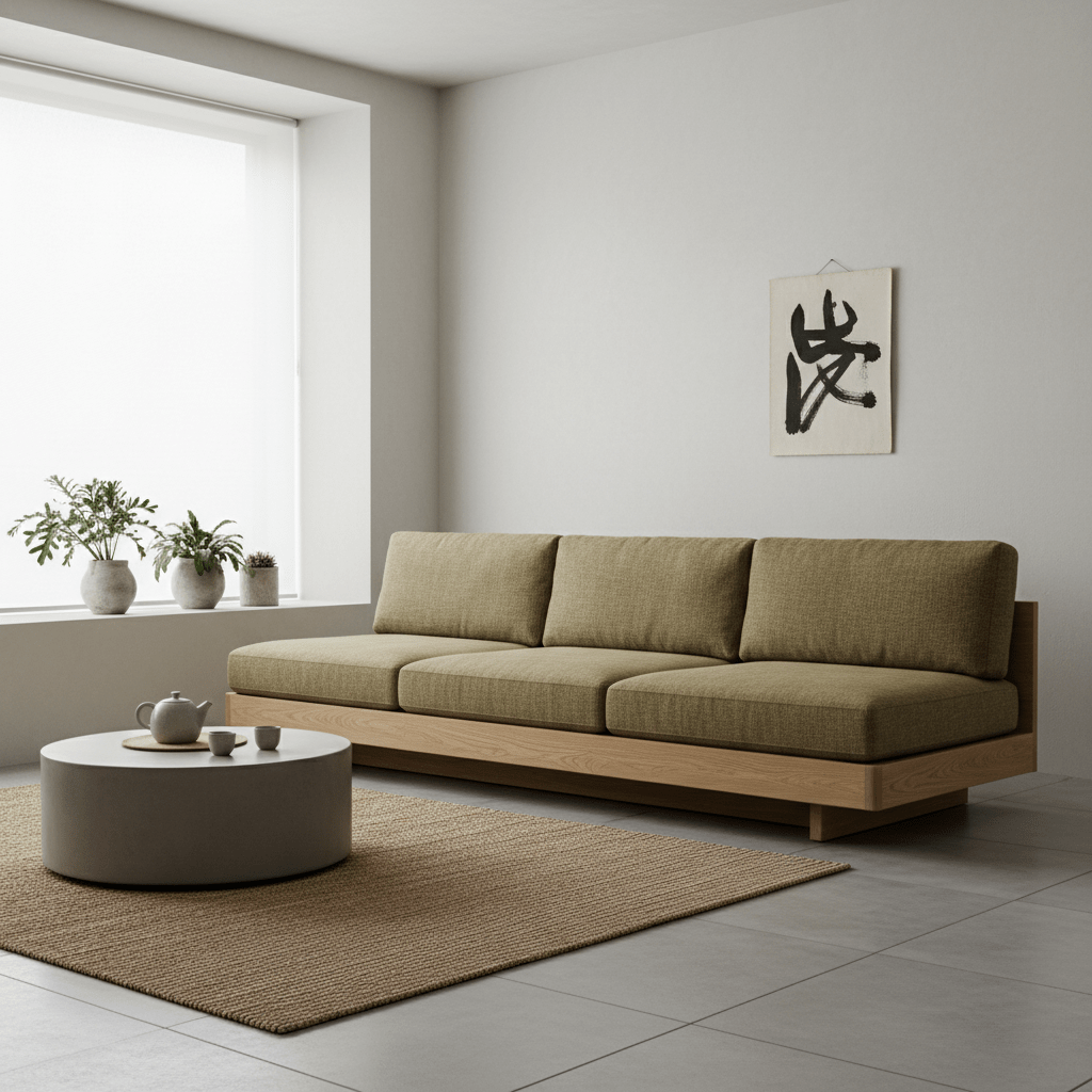 Low-profile linen sofa with oak base in a serene Japandi living room.